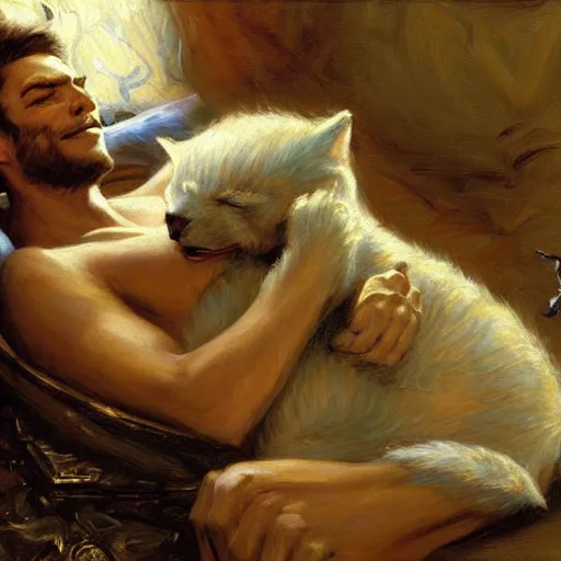 Image similar to a portrait of a furry alien human hybrid sleeping on the couch. highly detailed painting by gaston bussiere, craig mullins, j. c. leyendecker, furry