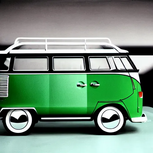 Prompt: a volkswagen type - 2 microbus as a pear on a trampoline, close - up of face, distorted