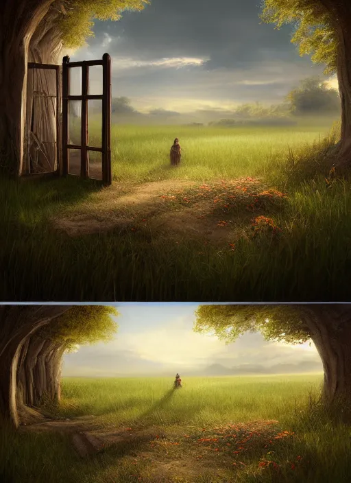 Image similar to a painting of an open door in the middle of a field, a detailed matte painting by the mazeking, featured on cgsociety, fantasy art, matte painting, concept art, deviantart