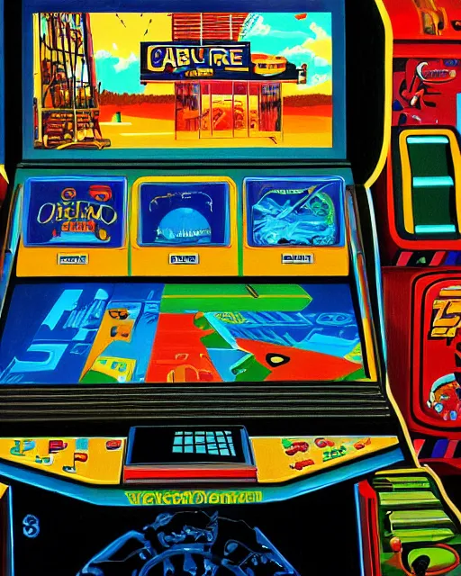 Image similar to arcade start screen. retro technology, vintage colors and shapes, wayne barlow, oil on canvas, deep depth of field, masterpiece, cinematic composition, hyperdetailed