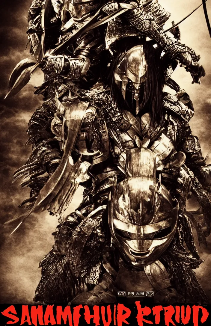 Image similar to movie film poster art for samurai vs predator film shot in feudal japan staring hiroyuki sanada. in the style of ansel adams, frank frazzetta, warcraft