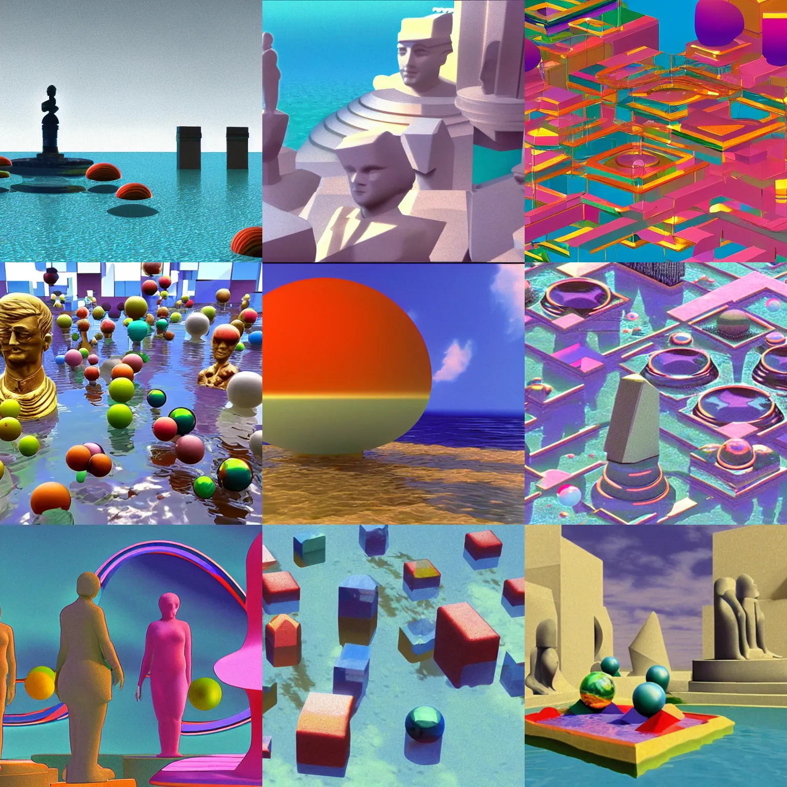 Prompt: still from a 1 9 8 3 3 d computer animation, constructive solid geometry, floating colorful geometric shapes and structures, statues, faces, water, spheres, glass, marble, chrome, stone, dolphins, clouds, vaporwave