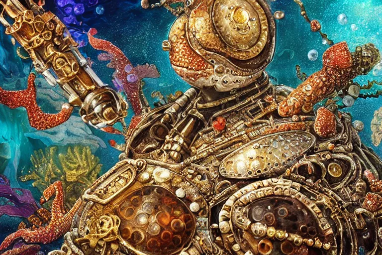 Prompt: beautiful painting close up of a huge caretta wearing an armour of jewels incrusted with golden beetles in vast ocean coral reef, water bubbles, intricate details, jewel fishes, two magnificent jelly fish, realistic shaded , steampunk, highly detailed, artstation, illustration by james gurneyand Ruan Jia , octane render, 4k, dynamic light, volumetric light, neon lights, cinematic mood