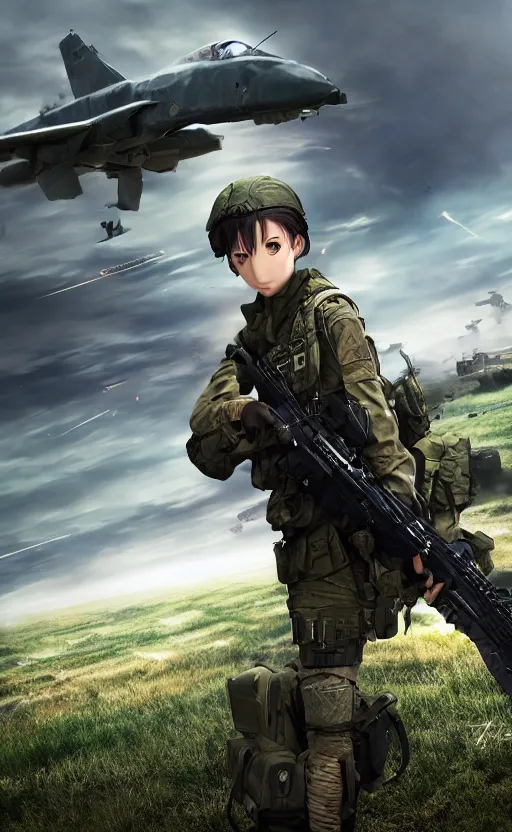 Prompt: girl, trading card front, future soldier clothing, future combat gear, realistic anatomy, war photo, professional, by ufotable anime studio, green screen, volumetric lights, stunning, military camp in the background, metal hard surfaces, generate realistic face, strafing attack plane
