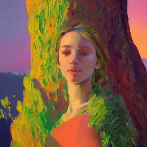 Prompt: an oil painting of a woman half tree, vibrant lighting, elegant, highly detailed, smooth, sharp focus, illustration, beautiful, geometric, trending on artstation, full body, cinematic, artwork by Borovikovsky