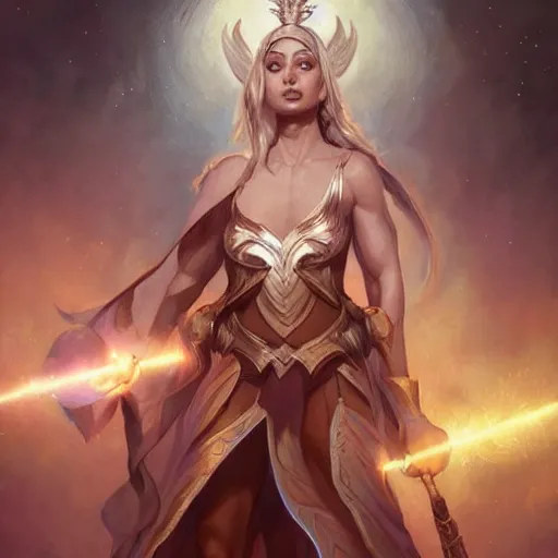 Image similar to star goddess, d & d, fantasy, portrait, highly detailed, digital painting, trending on artstation, concept art, sharp focus, illustration, art by artgerm and greg rutkowski and magali villeneuve