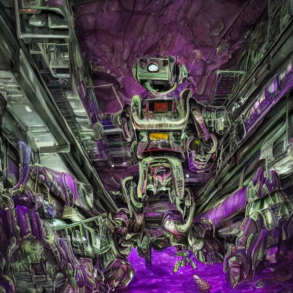 Prompt: detailed shot of inside a cavernous living stomach of a giant mecha dragon, the walls purple and pulsing, slimy and hot, lots of acid pooling up on the floor, digesting a bunch humans that ended up inside, food pov, micro pov, vore, digital art, furry art, high quality, 8k 3D realistic, macro art, micro art, Furaffinity, Deviantart, Eka's Portal, G6