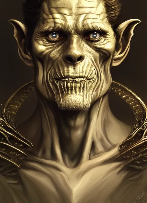 Image similar to portrait shot of the king of the demon goblins, willem dafoe, intricate, elegant, highly detailed, centered, digital painting, artstation, concept art, smooth, sharp focus, warframe, illustration, anders zorn, tomasz alen kopera, peter mohrbacher, donato giancola, leyendecker, boris vallejo