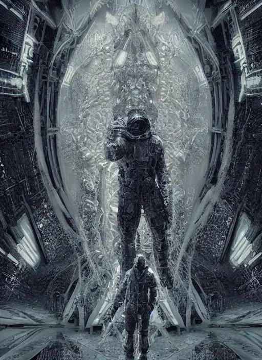 Image similar to symmetry concept art by craig mullins alien in futuristic dark and empty spaceship. infrared glowing lights. complex and hyperdetailed technical suit. mandelbulb fractal. reflection and dispersion materials. rays and dispersion of light. volumetric light. 5 0 mm, f / 3 2. noise film photo. flash photography. unreal engine 4, octane render. interstellar movie art