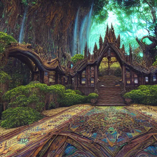 Image similar to Photorealistic magic elven temple made of rustic woodwork. Hyperdetailed photorealism, 108 megapixels, amazing depth, glowing rich colors, powerful imagery, psychedelic Overtones, 3D finalrender, 3d shading, artstation concept art