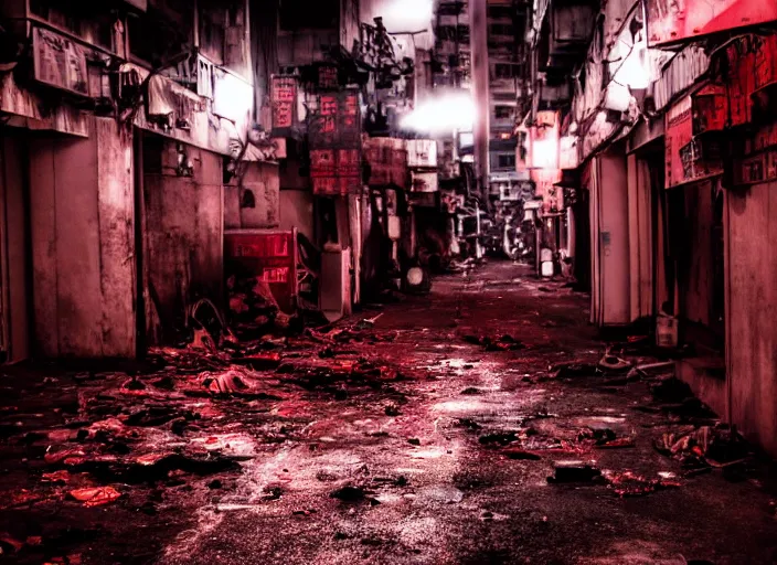 Prompt: dirty, dark, streets of Hong kong, a creepy orange mist through the streets, blood red colored sky, debris on the floor, cinematic lighting