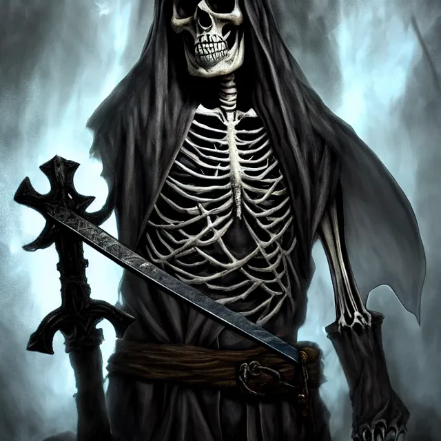Prompt: photo of a skeletal pirate ghost head and torso, holding a sword and standing in a grotto, photorealistic, dark, atmospheric lighting, painted, intricate, ultra detailed, well composed, best on artstation, cgsociety, epic, stunning, gorgeous, intricate detail, wow, masterpiece