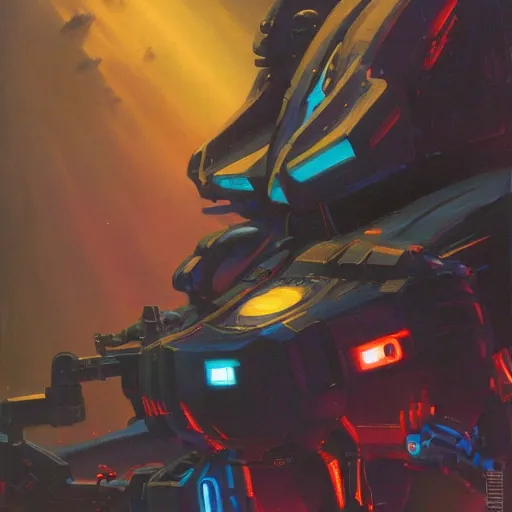 Prompt: a dark and colorful close - up of a sci - fi mecha spaceship with led lights glowing fog in the background. highly detailed science fiction painting by norman rockwell, frank frazetta, and syd mead. rich colors, high contrast, gloomy atmosphere, dark background. trending on artstation