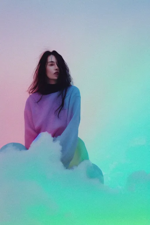 Image similar to high quality pastel coloured film close up wide angle photograph of a model wearing clothing resting on cloud furniture in a icelandic black rock environment in a partially haze filled dreamstate world. three point light, rainbow. photographic production. art directed. pastel colours. volumetric clouds. pastel gradient overlay. waves glitch artefacts. extreme facial clarity. 8 k. filmic.