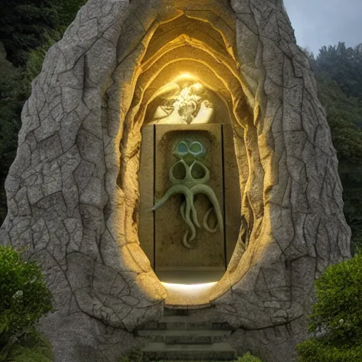 Image similar to a gateway to heaven in a surreal and organic stone monument to cthulhu