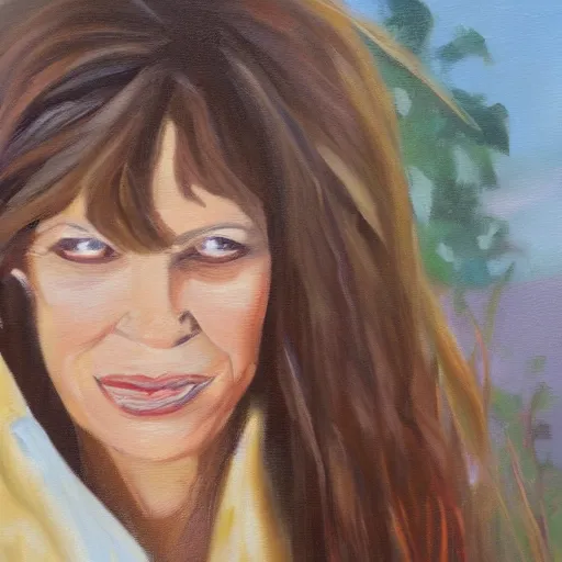 Prompt: expressive oil painting of carly simon, portrait, nostalgic, outdoors, plants