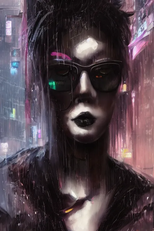 Image similar to gorgeous portrait of a tall beautiful white female anthro fox smoking a cigarette towering head and shoulders above the bustling crowd of a rainy city street around her, goth punk clothes, cyberpunk, harsh neon lights, highly detailed, sharp focus, digital painting, illustration, trending on artstation, art by sakimichan, wlop, greg rutkowski