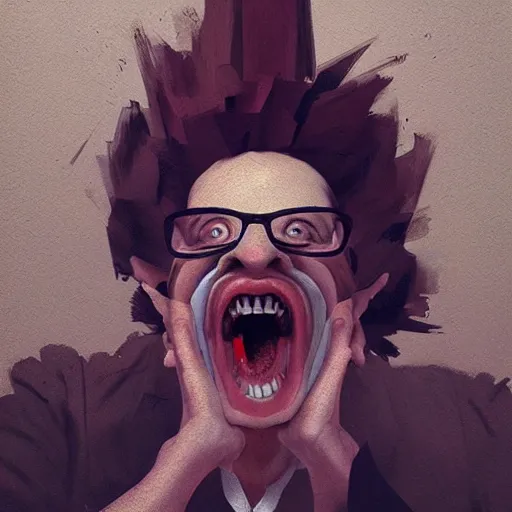 Prompt: the mad scientist screaming to the camera, portrait, artwork by Sergey Kolesov