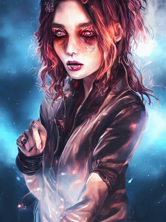 Image similar to digital illustration of a girl with eyes that burn like cigarettes wearing a short skirt and a long jacket with fingernails that shine like justice, dramatic lighting, photorealistic, extreme detail, 4 k, colorful, artgerm