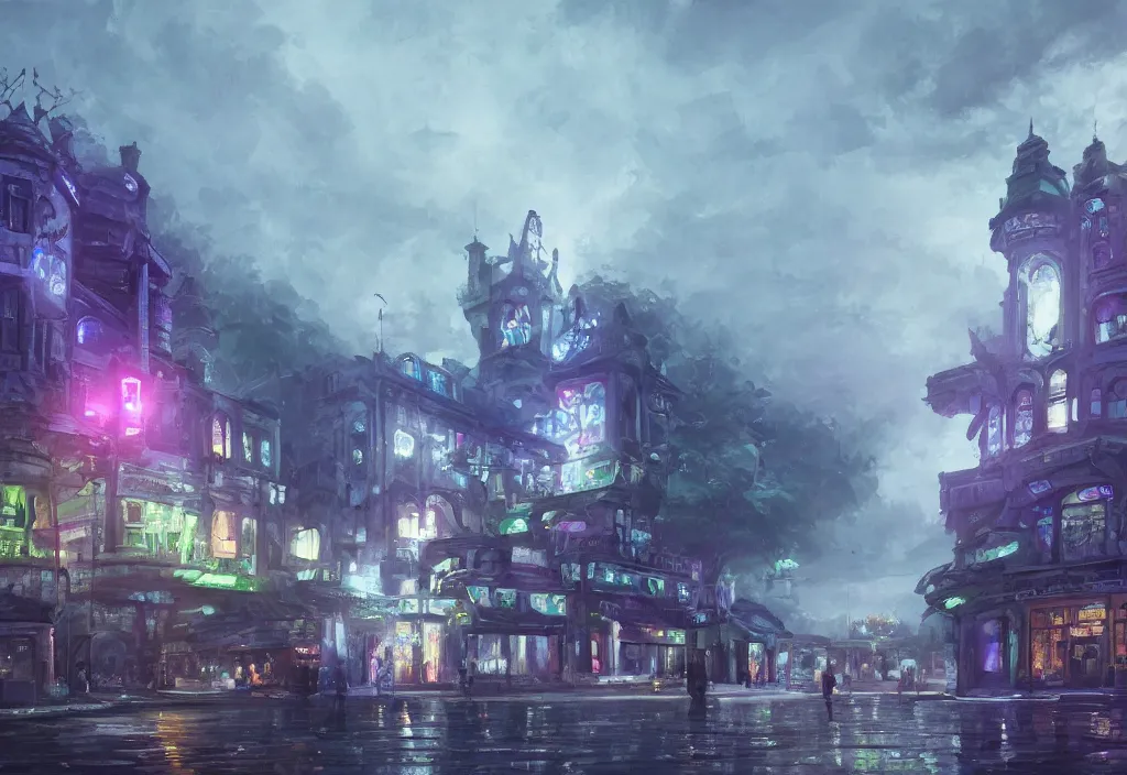 Image similar to A brilliant white castle in the distance, very dark with green lights, blue lights and purple lights, oil painting, dramatic lighting, Jakub Kasper, Makoto Shinkai, hyperrealistic, cinematic, elegant, intricate