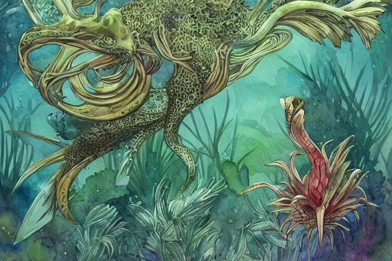 Image similar to watercolor artwork of exotic, elegant underwater tropical prints of the creatures of atlantis : : green, art nouveau, trending on artstation