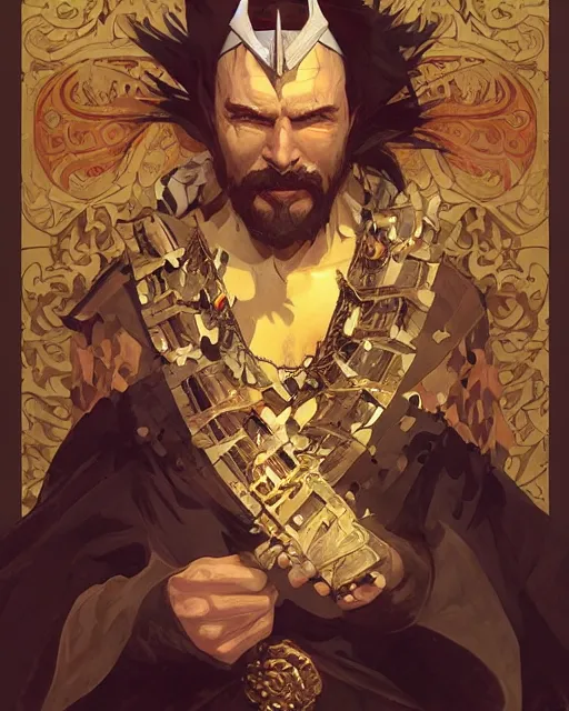 Prompt: The King of Thieves, Dnd Boss, Daggers, Scars, Eyepatch, Broken Gold Shackles, Neck Tattoos, by artgerm and greg rutkowski and alphonse mucha