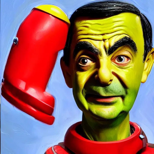 Prompt: an oil painting of mr bean as masterchief, 8k