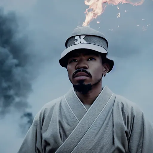 Image similar to cinematic film still of Chance The Rapper starring as a Samurai holding fire, Japanese CGI, VFX, 2022, 40mm lens, shallow depth of field, film photography