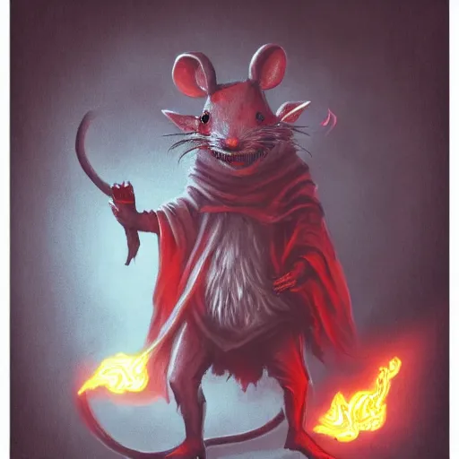 Prompt: photo of a ghostly rat with glowing red eyes, wearing tattered black burlap robes, floating in mist, clutching a blue flame in each hand, anthropomorphic rat, dark sorcerer, dark sorcery, black magick shaman, skaven, master splinter, nicodemus, photorealistic, artstation