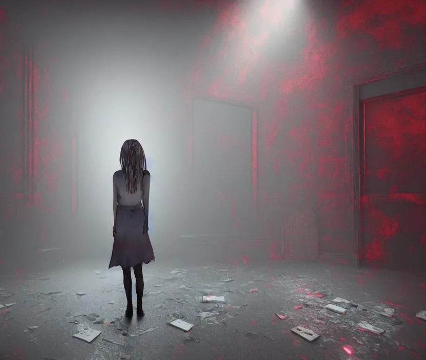 Image similar to gothic girl standing on an abandoned hospital room with red ceiling lighting and several blue lights on the walls, gloomy and foggy atmosphere, octane render, artstation trending, horror scene, highly detailded