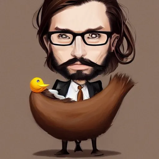 Prompt: a german guy with very long brownish! hair, with glasses and stubble! beard on a tuxedo holding a rubber duck!, trade offer meme, digital painting, concept art, matte, art by artgerm