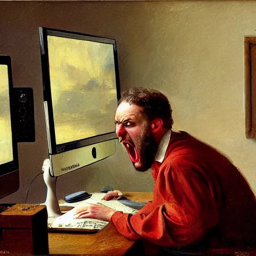 Image similar to an angry man yells at his computer monitor, oil on canvas, 1 8 8 3, highly detailed