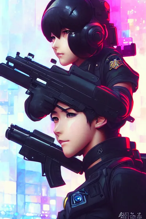 Image similar to anime key visual of a young female swat officer, neon, cyberpunk, futuristic, stunning, highly detailed, digital painting, smooth, soft focus, illustration, movie poster, japanese typography, digital art from artstation by artgerm and greg rutkowski and alphonse mucha