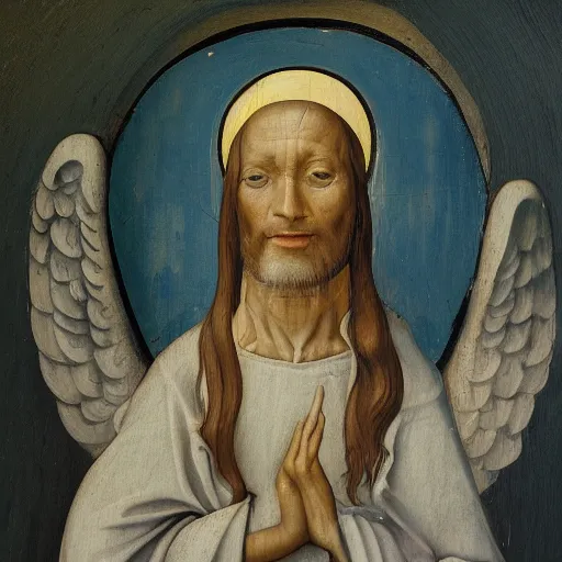 Prompt: realistic medieval painting portrait of white angel with clean narrow face like noface, 3 / 4, miracle light coming up from the head up and up, misty space, grace and blessing, by hieronymus bosch, by leonardo da vinci, by theophanes the greek, by andrei rublev, renaissance, christianity, marble stone, glow effect, white background