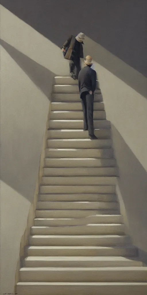 Prompt: impossible stairs, cinematic and highly detailed oil painting by josep tapiro baro and edward hopper, trending on artstation, oil painting masterpiece, symmetry, mysterious, very very very aesthetic