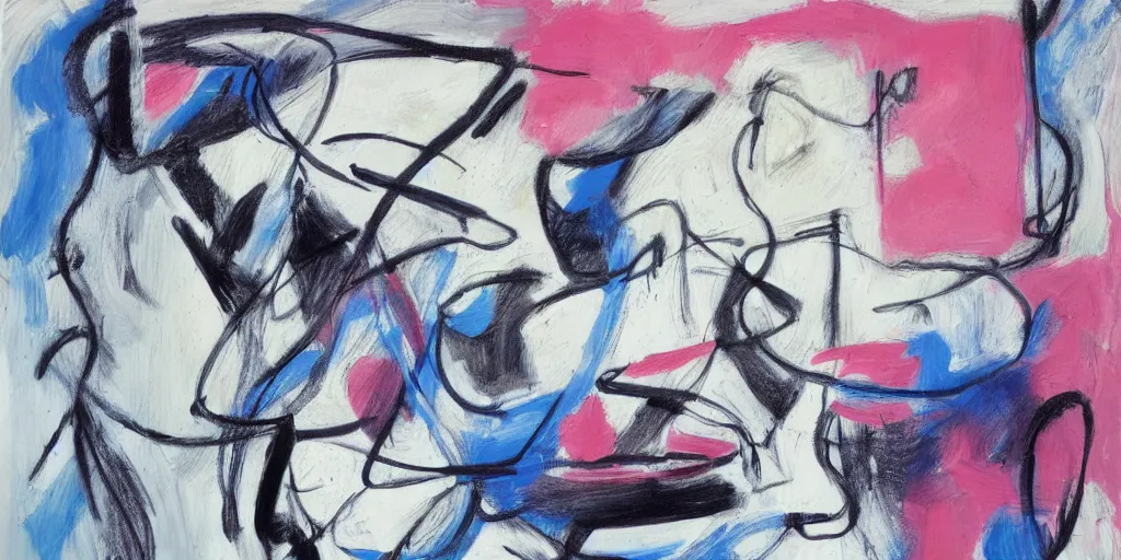 Image similar to black white painting de kooning thin scribble on white canvas, blue and pink shift, martha jungwirth sketch, drawn by yves tanguy, oil on canvas, thick impasto