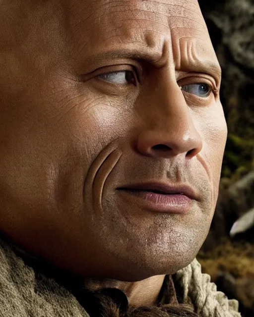 Image similar to Film still close-up shot of Dwayne Johnson as Bilbo Baggins from the movie The Hobbit. Photographic, photography