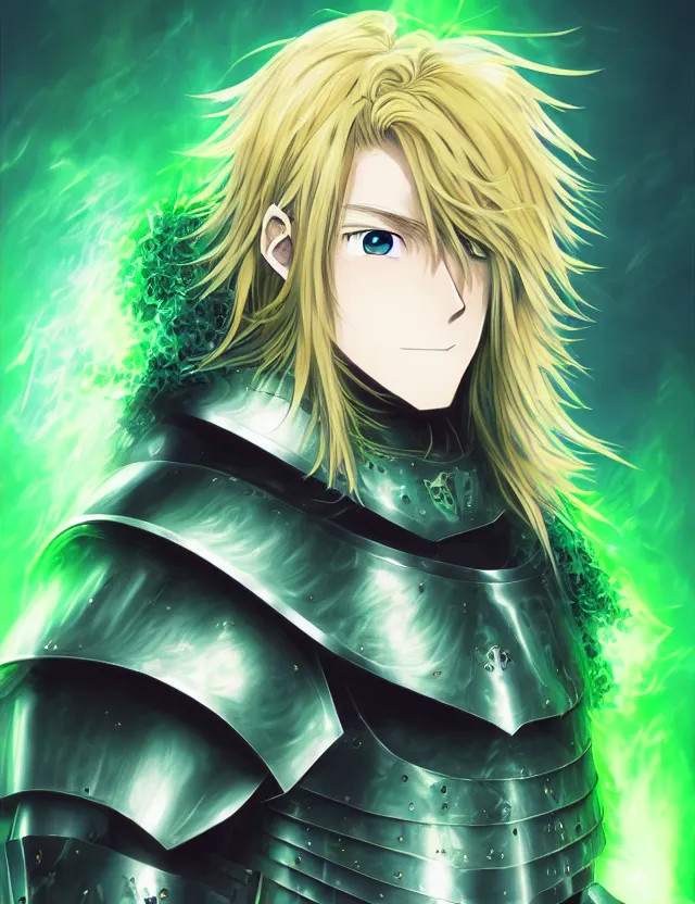 Image similar to an anime portrait of a long haired blonde man with blue eyes in green plate armour glowing with green energy, trending on artstation, digital art, 4 k resolution, detailed, high quality, sharp focus, hq artwork, coherent, insane detail