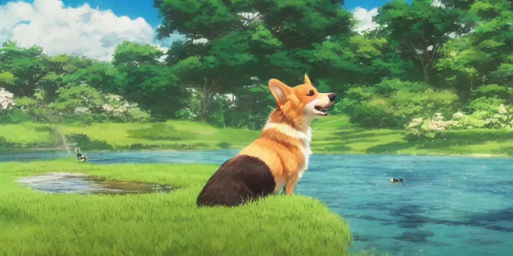 Image similar to A singular corgi by the pond, there is blue sky, there is water splash, the atmosphere is cheerful, the colors are bright, high picture quality, by Makoto Shinkai