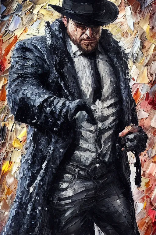 Prompt: palette knife oil painting of the norse god tyr as a noir detective with a missing hand. fedora, trenchcoat. extreme detail. artstation trending, any racial background, artgerm, deviant art, octane, substance, art history 8 k