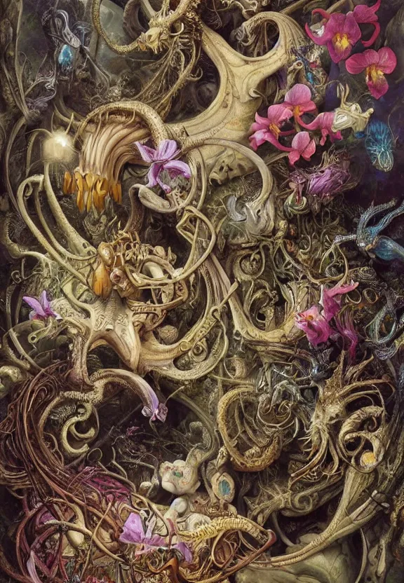 Image similar to simplicity, elegant, colorful muscular eldritch animals and mollusks and bones radiating from fractal, orchids, lilies, flowers, dragonflies, mandalas, by h. r. giger and esao andrews and maria sibylla merian eugene delacroix, gustave dore, thomas moran, pop art, cyberpunk, art nouveau