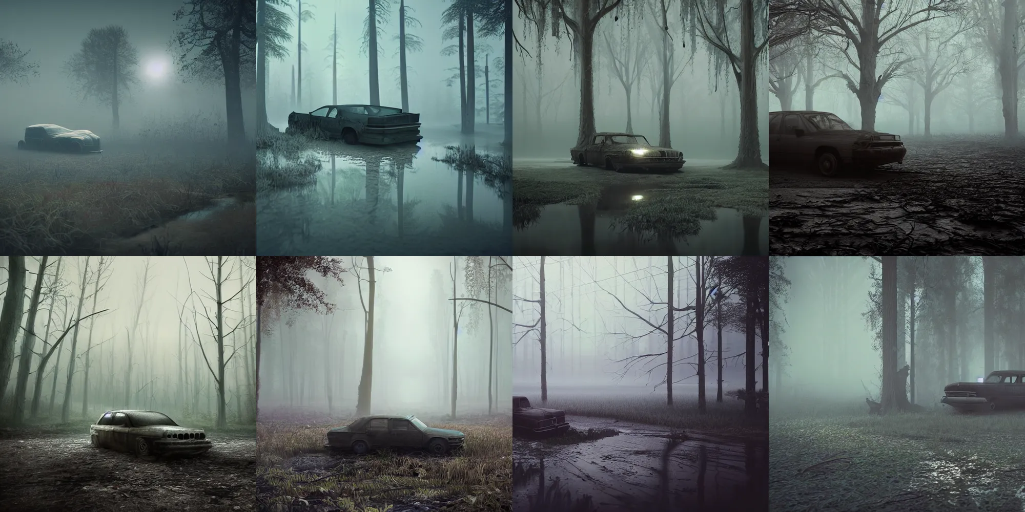 Prompt: beautiful dark creepy foggy swamp landscape, old abandoned car sinking, in the style of beeple and Mike Winkelmann, intricate, epic lighting, cinematic composition, hyper realistic, 8k resolution, unreal engine 5,