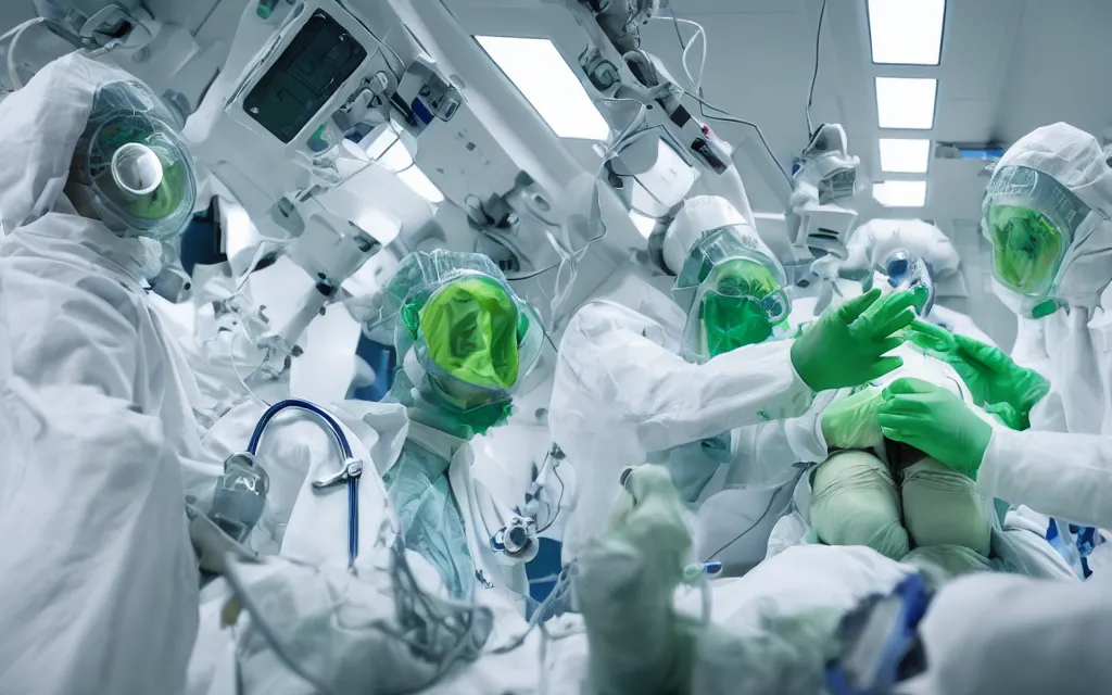 Prompt: medical, diverse medical cybersuits team, heart operation, reassuring, clean green, smooth, visor, macro, biological, clean, wide wide angle, vivid, elaborate, highly detailed, hospital lighting