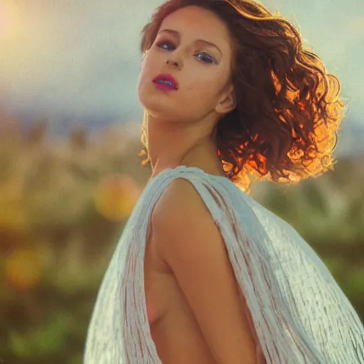 Prompt: filmstill photography of female body silhouette covered with curly white translucent blanket blowing in wind, acrylic liquid colors, luxurious supermodel photoshooting, golden jewelry, bokeh, godrays, strong wind, wrinkles, sunrays, sunset, lens flares, monet, renoir, cold colors, digital illustration, art noveau, liquid marbling painting, sand dunes