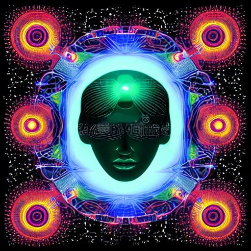 Image similar to a cibernetic artwork of a futuristic artificial intelligence superstar, centered image, with frames made of detailed fractals