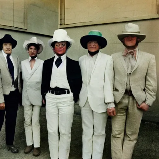 Image similar to a group of men in white suits and hats, a colorized photo by david diao, reddit contest winner, art brut, 1 9 7 0 s, 1 9 9 0 s, freakshow