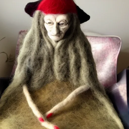 Prompt: photo of a life sized needle - felted 2 0 0 year old crone in a needle felted lounge room