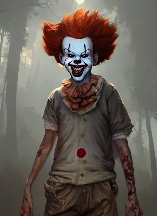 Image similar to Highly detailed full-body portrait of homeless Pennywise, in GTA V, Stephen Bliss, unreal engine, fantasy art by Greg Rutkowski, Loish, Rhads, Makoto Shinkai and Lois van baarle, ilya kuvshinov, rossdraws, Tom Bagshaw, global illumination, radiant light, detailed and intricate environment