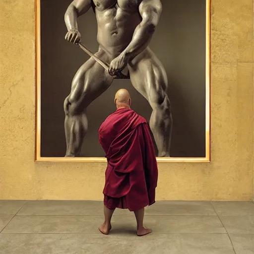 Image similar to cow bodybuilder wearing a monk robes holding incense burner. natural lighting by ruan jia, portrait