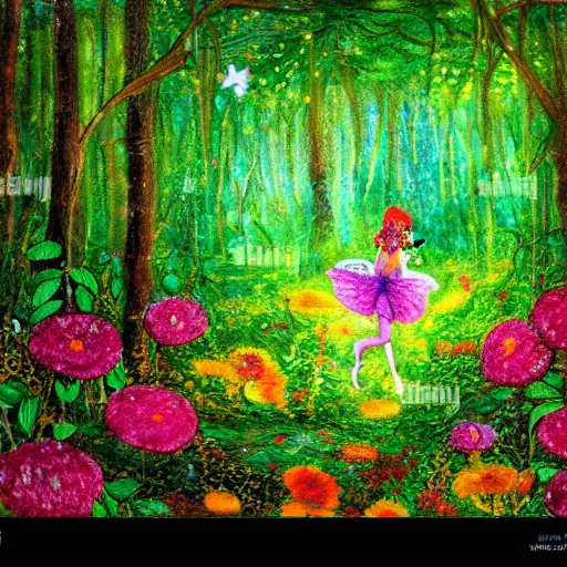 Image similar to tiny fairies playing hide and seek in a dense floral forest, green, colourful, playful, drawing, impressionism